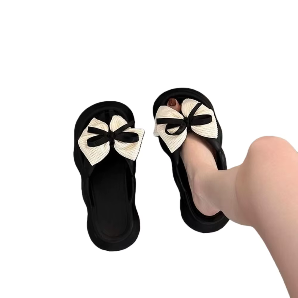 Pantoufles antidérapantes à nœud papillon, noir et blanc, sandales à semelles épaisses, pantoufles d
