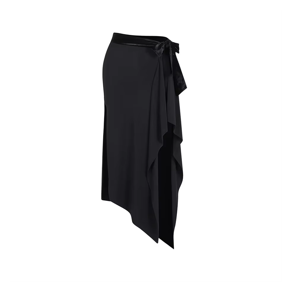 Robe de danse latine noire pour femmes avec ceinture et jupe irrégulière, olympiques latins pour fem