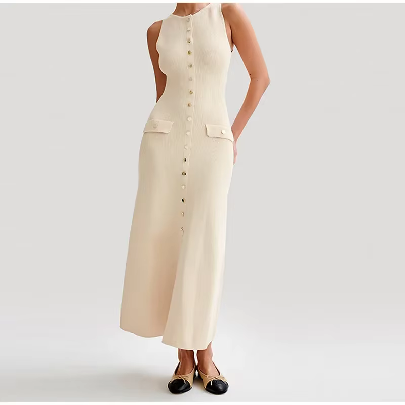 Robe longue tricotée à simple boutonnage pour femme, élégante, couleur unie, sans manches, col rond,