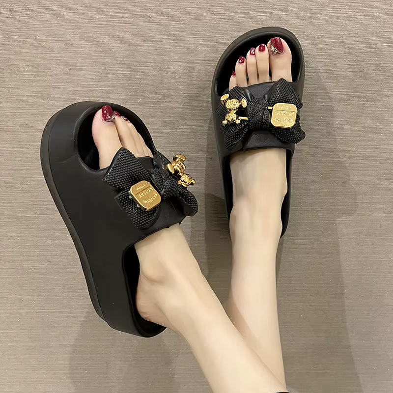 Pantoufles d'été multicolores pour femmes, chaussures coulissantes en forme d'ours en peluche métall