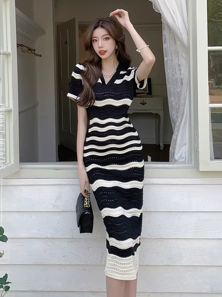 Robe Longue d'Été Rétro à Rayures Ajourées pour Femme, Tenue Mi-longue à Manches Courtes, Vêtements 