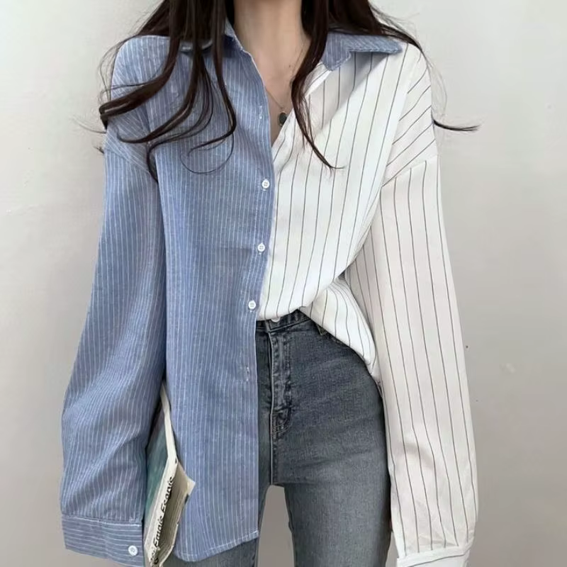 Chemisiers de tempérament rayés pour femmes, col rabattu, streetwear décontracté, vêtements de print
