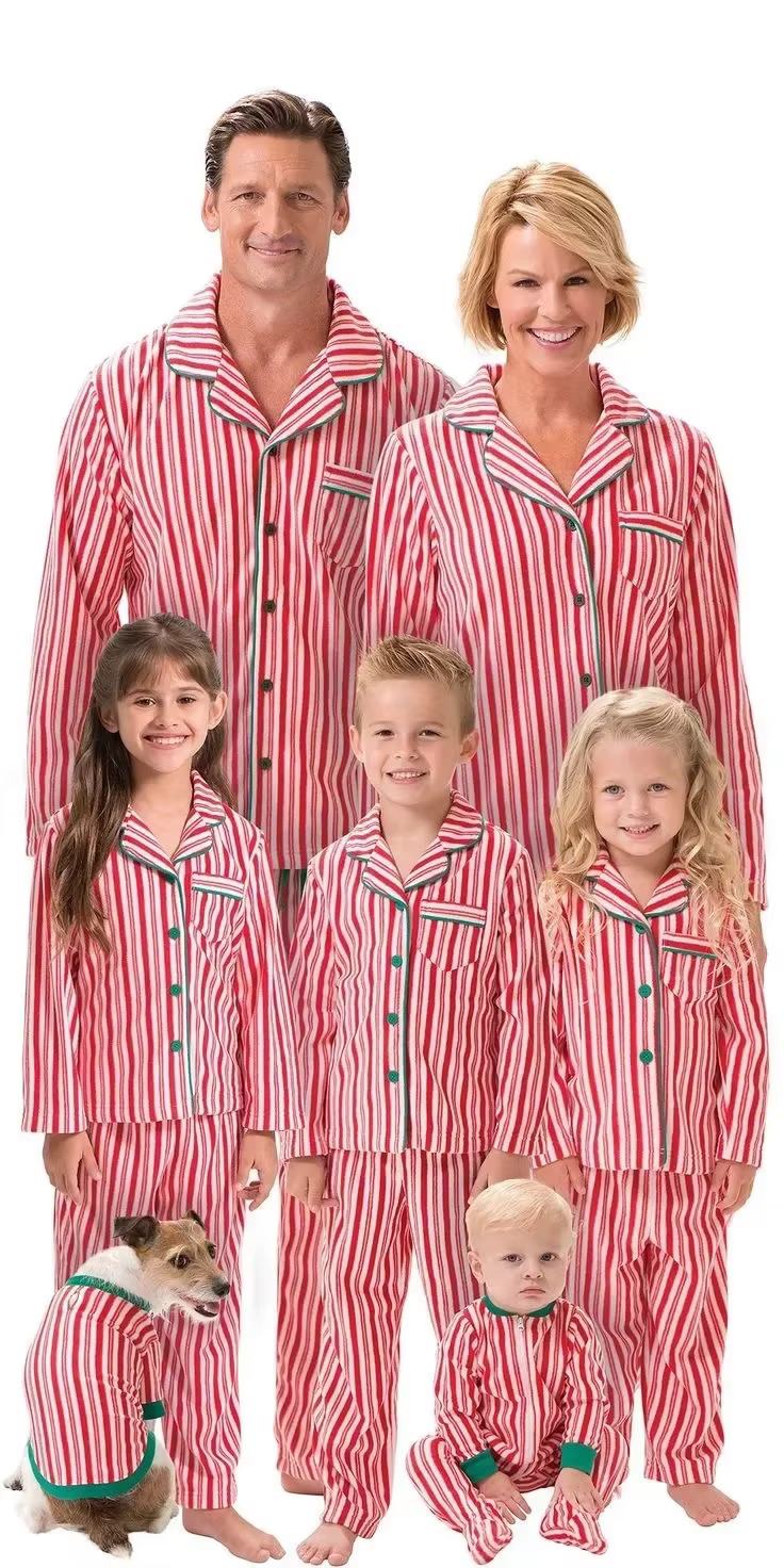 Ensemble pyjama de noël en famille, imprimé rayé, vêtements assortis, col rabattu, chemise à boutons