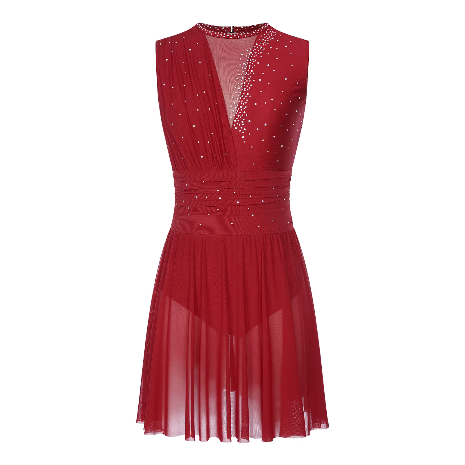 Robe de danse lyrique de ballet pour femmes, col rond, sans manches, froncée, strass, dos nu, pour c