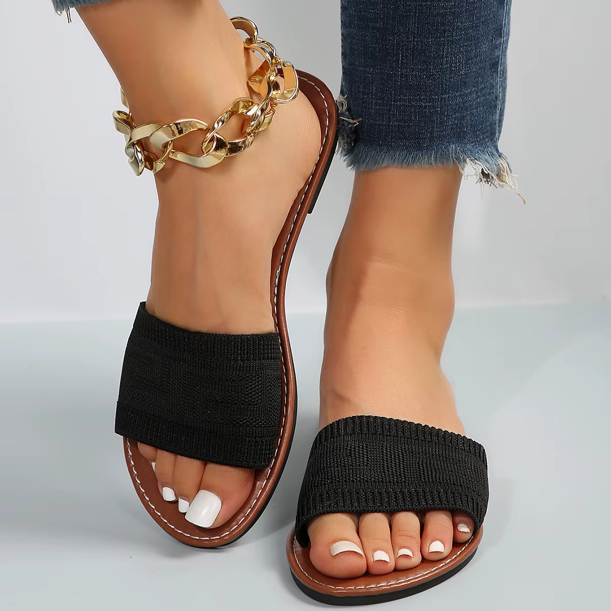 Pantoufles d'été de luxe pour femmes, sandales plates de styliste marron, bout ouvert, antidérapante
