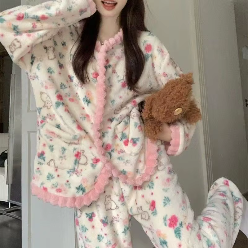 Pyjama en molleton de corail pour femme, imprimé, épais, en peluche, Cardigan, costume chaud et doux