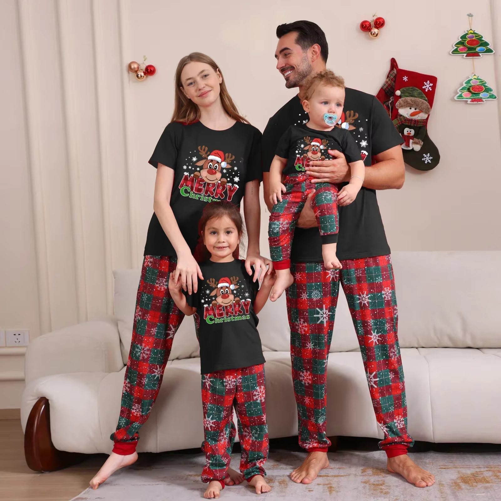 Ensemble pyjama de noël à manches courtes, imprimé de dessin animé, tenue assortie pour adultes et e