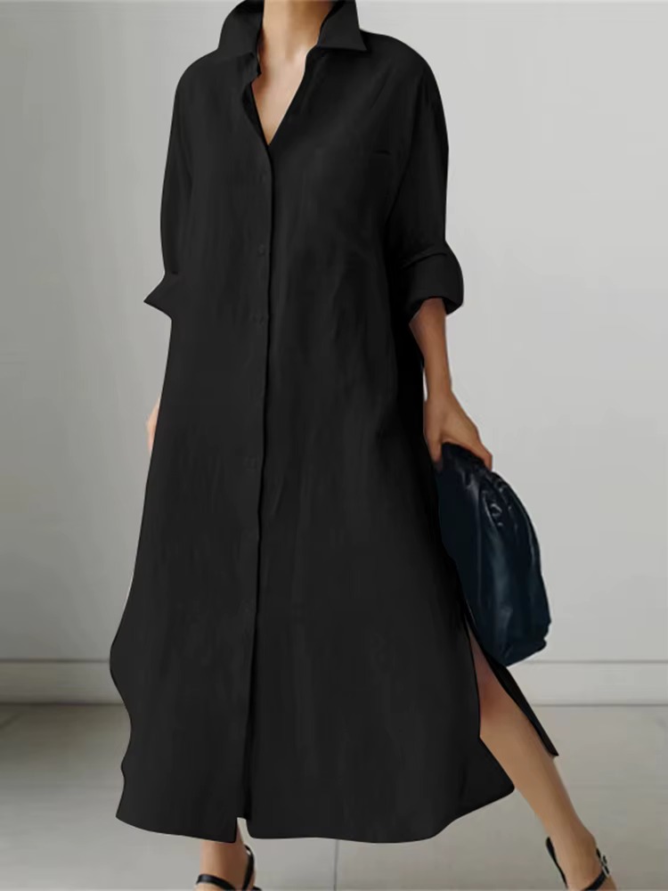 ZANZEA femmes Robe à manches longues solide chemise Robe d'été revers cou boutons robes mode ample M