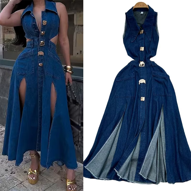 Robe en jean sans manches pour femmes, tenue dos nu, simple boutonnage, Vintage, une pièce, vêtement
