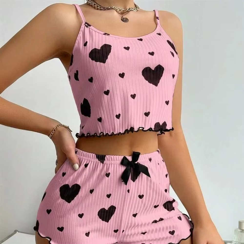 Ensemble de pyjama pour femme Fashion Love Heart, tenue d'intérieur, pyjama deux pièces avec nœud, p