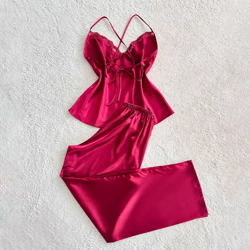 Ensemble deux pièces haut à fines bretelles et pantalon en soie simulée haut de gamme rouge bordeaux