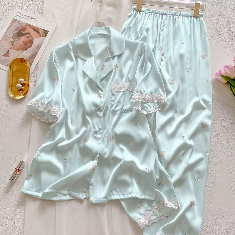 Pyjama imprimé ours pour femme, pantalon à manches courtes en soie glacée, vêtements de détente, Car