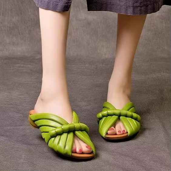 Chaussons élégants rétro pour femmes, design tissé à la main, chaussons en cuir à semelle plate, cha