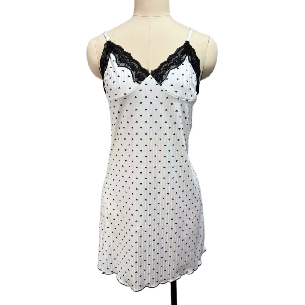 Robe de pyjama pour femme à imprimé cœur, coupe ajustée, col en V, sans manches, avec dentelle, cami