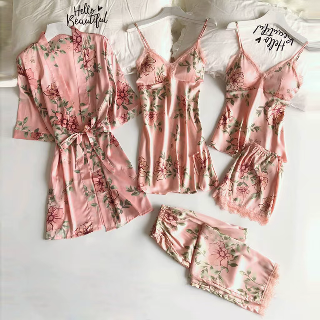 Pyjamas sexy pour femmes, peignoirs élégants, vêtements d'intérieur, ensemble cinq pièces, nuisette 