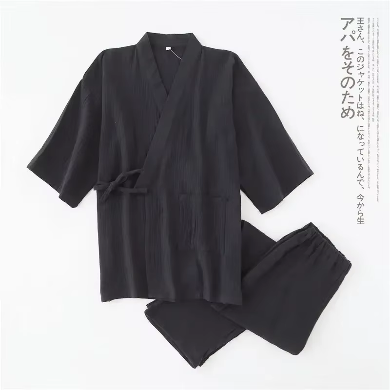 Kimono japonais pour hommes, pyjama deux pièces solide, tissu crêpe de coton Simple, grande taille, 