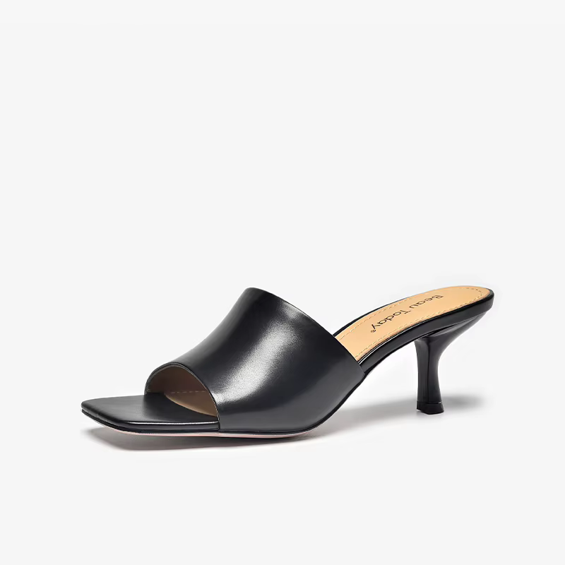 BEAUTODAY pantoufles élégantes femmes en cuir de veau couleur unie bout carré talons fins dames chau