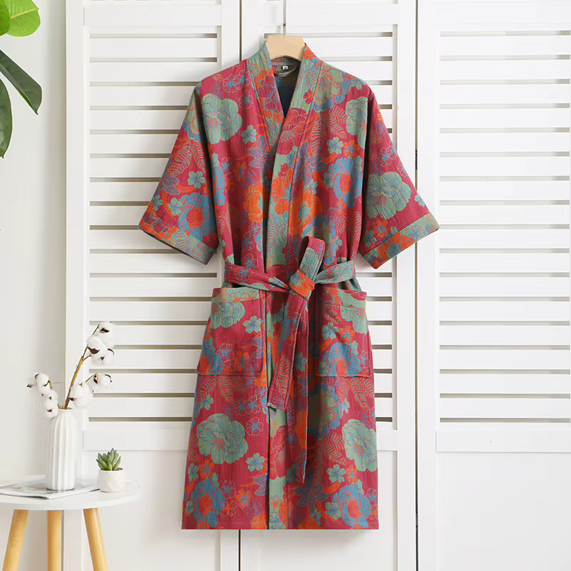 Robe de bain 100% coton pour femmes, chemise de nuit imprimée, Style pur coton, gaze Double couche,