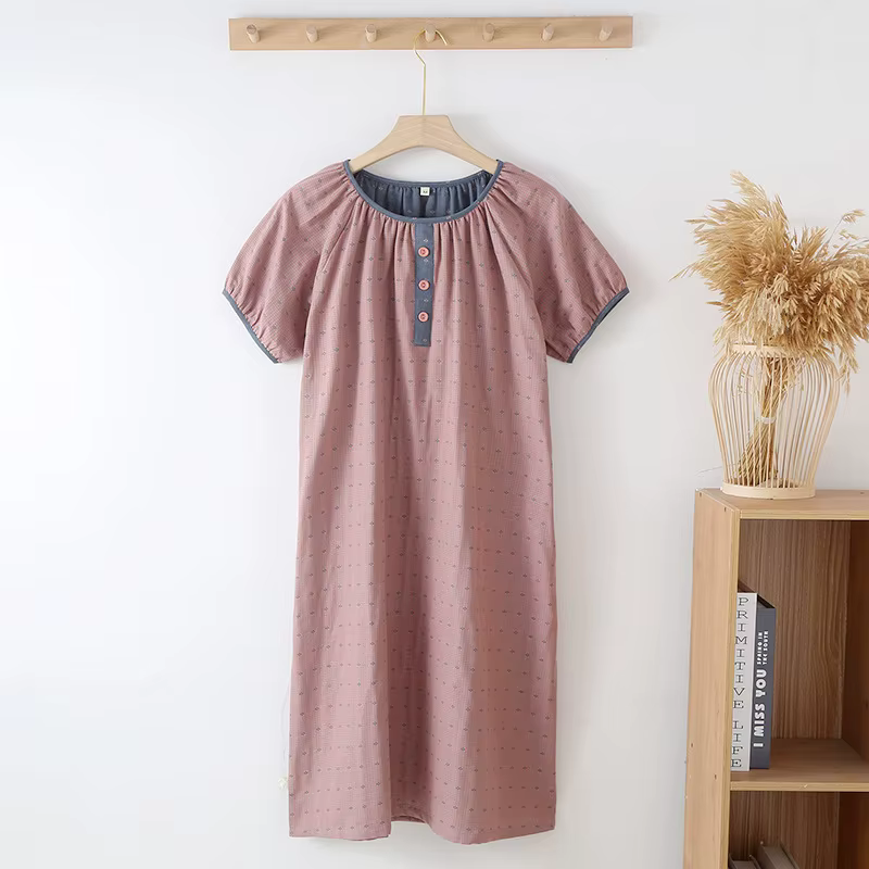 Chemise de nuit en gaze de coton mince pour femmes, chemise de nuit simple, manches courtes, pull à 