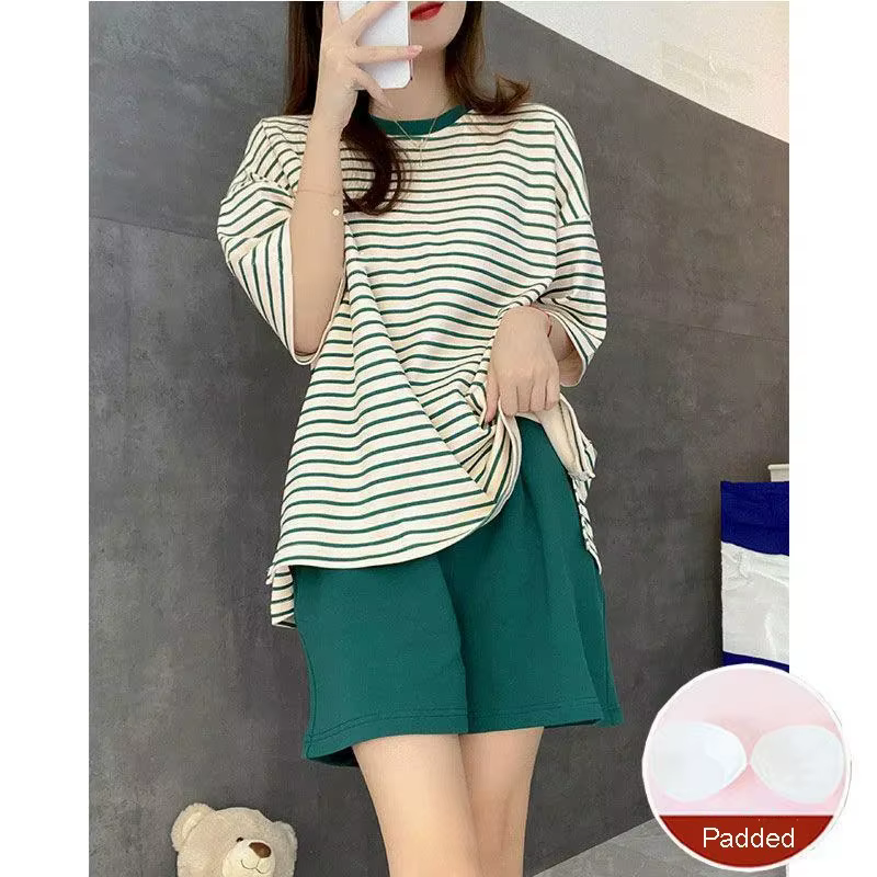 Pyjama d'été grande taille avec coussin pour femmes, ample, rayé, vêtements de loisirs pour l'école,