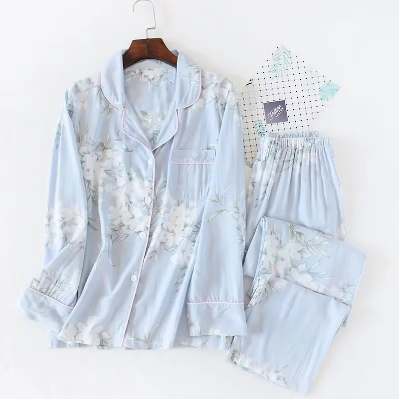 Pyjama à manches longues en fibre de viscose pour femme, costume pantalon en soie, impression de fle