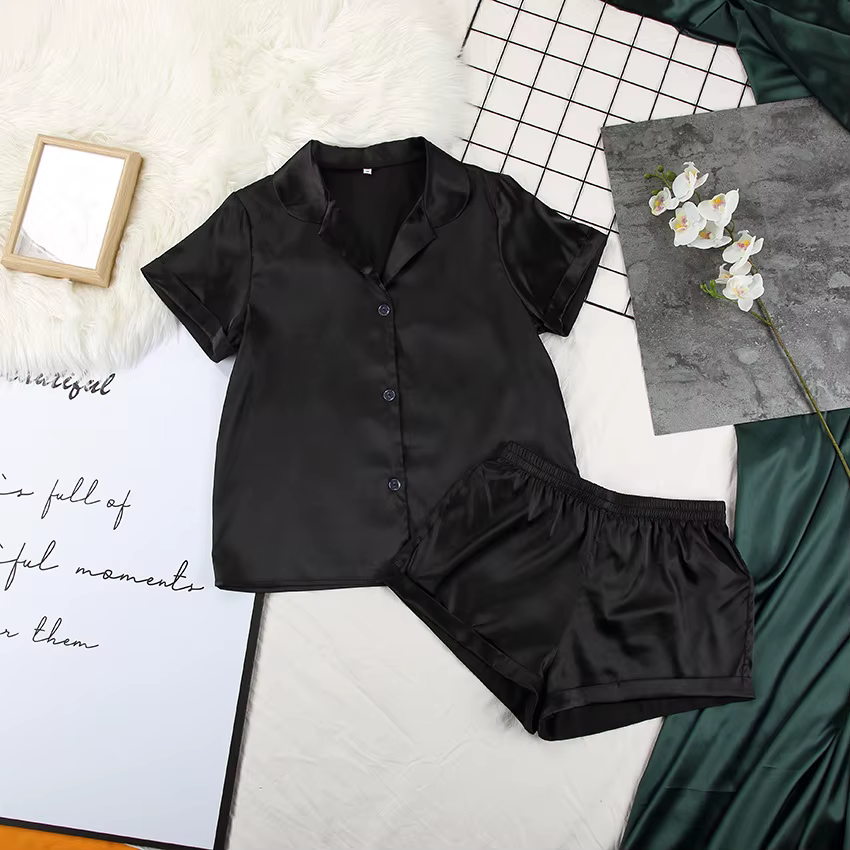 Pyjama en satin de couleur unie avec short, ensemble de vêtements de nuit en soie pour femmes, pyjam