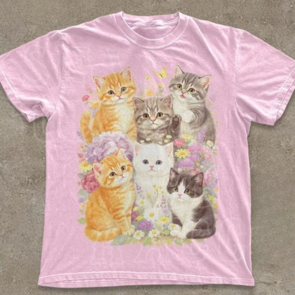 T-shirt Rétro Chaton, T-shirt Floral Rétro Chat, T-shirt Cadeau Style Pastoral pour Amoureux des Cha