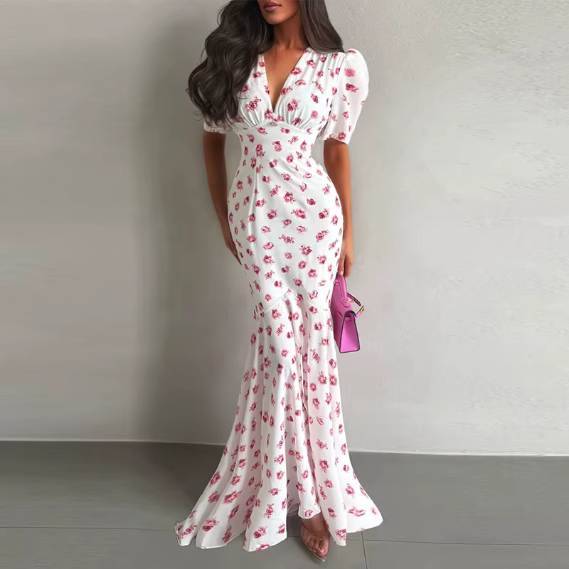 Robe Chic Imprimée à Manches Courtes Col V Taille Cintrée Coupe Ajustée Longue Tendance Été Vacances