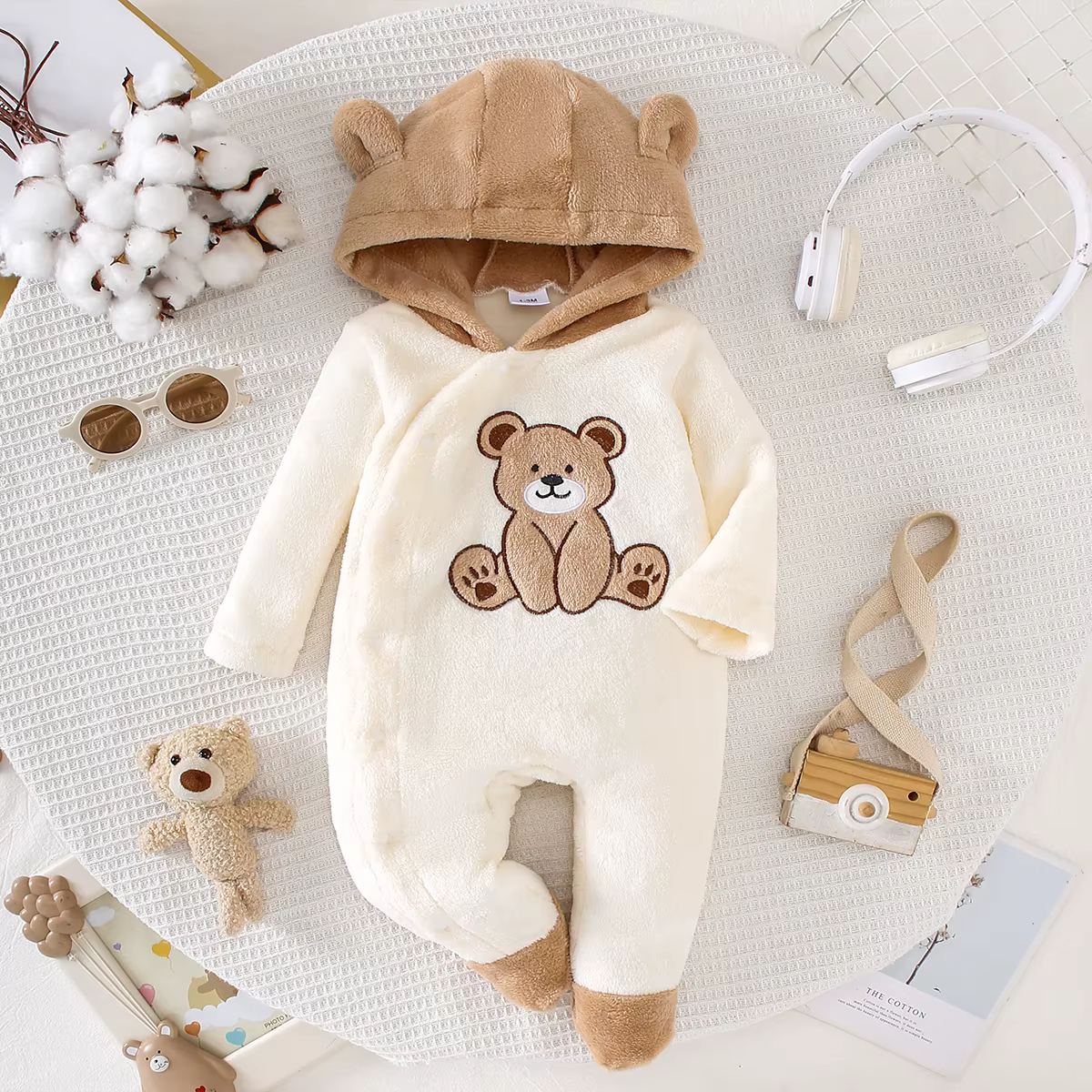 Automne hiver bébé ours Onesie avec chapeau tissu en peluche doux chaud mignon coussin chauffant ave
