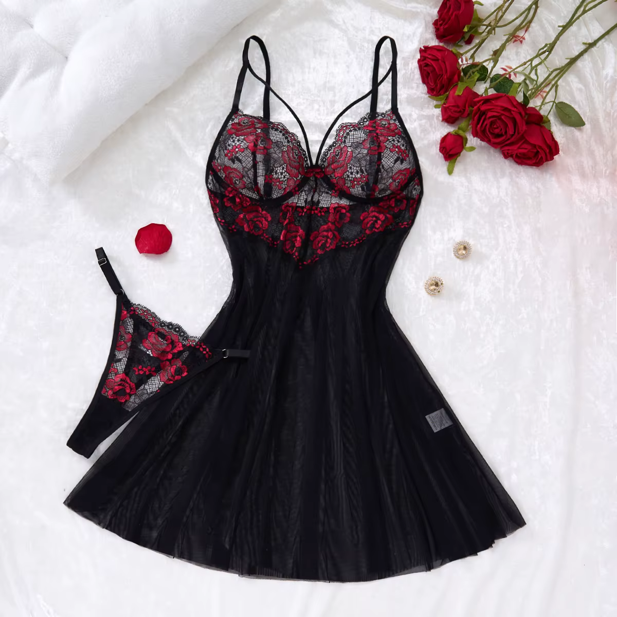 Chemise de nuit sexy en dentelle noire sans bretelles pour femme, chemise de nuit en dentelle transp
