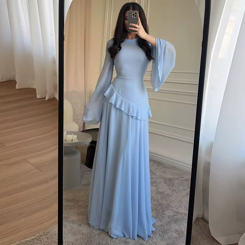 Robe longue plissée chic pour femme, col rond, taille haute, manches évasées à volants, couleur unie