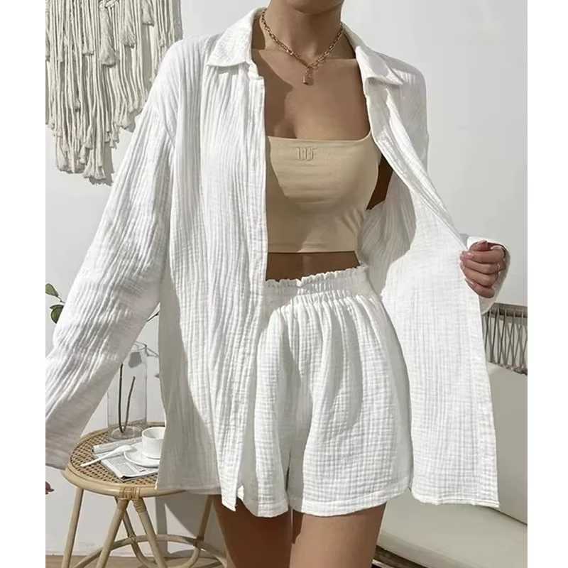 Ensemble 2 pièces en mousseline de gaze 100% coton pour femmes, chemises à manches longues et Mini s