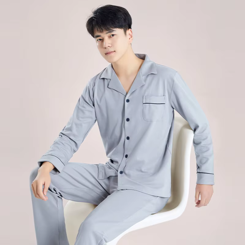 Ensemble de pyjamas en coton pour hommes, pyjamas chauds à boutons, vêtements de nuit en coton doux 