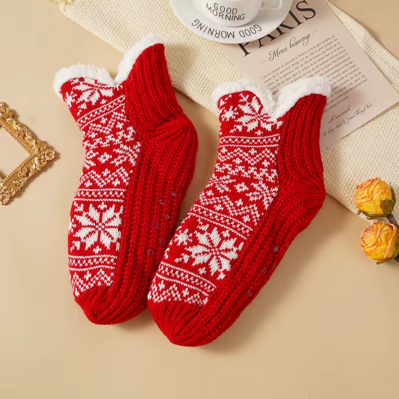 Chaussettes-pantoufles d'hiver pour femmes, doublées de polaire, motif flocon de neige de Noël, tric