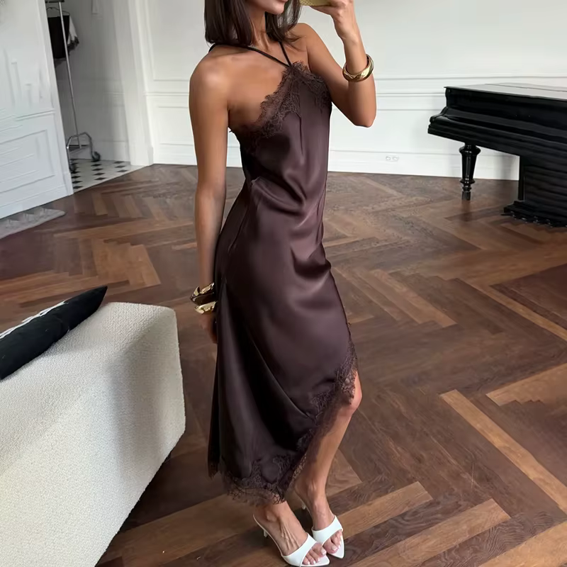 Robe nuisette en satin et dentelle pour femme, sexy, à col licou, asymétrique, longueur midi, élégan
