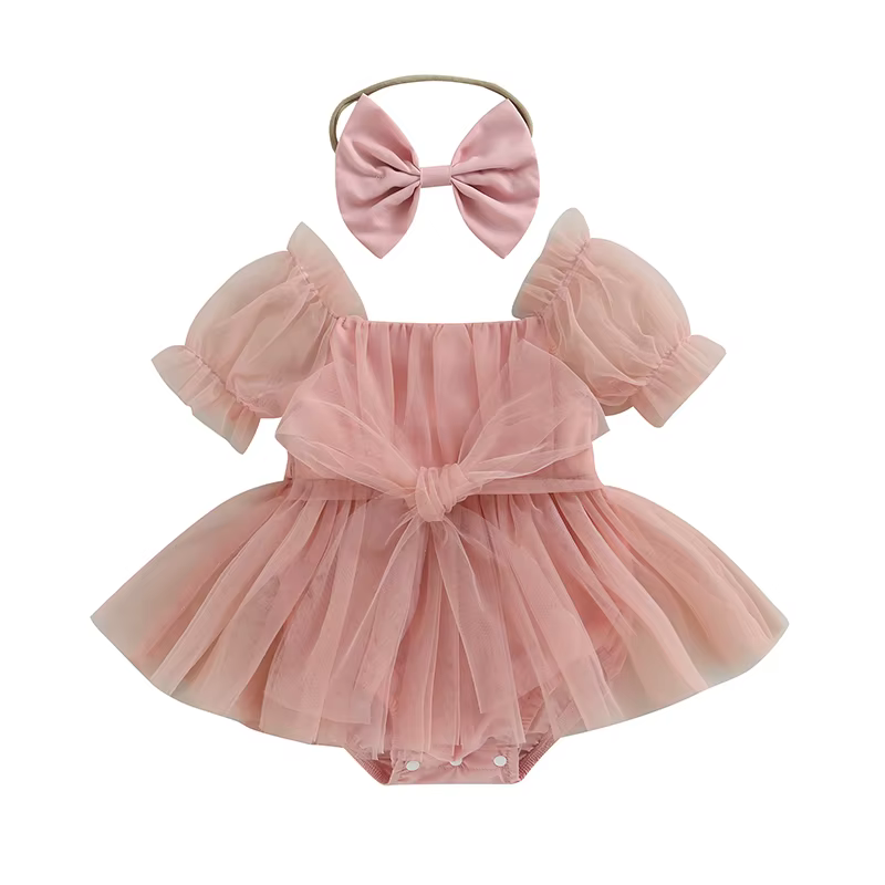 Barboteuse en tulle pour bébé fille de 0 à 24 mois, combinaison à manches courtes avec nœud papillon