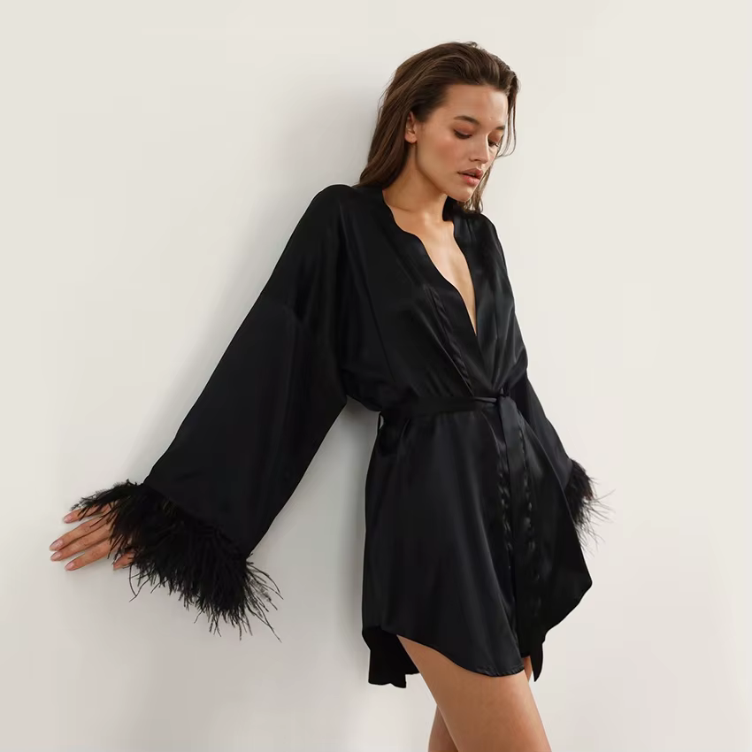 Peignoirs en plumes en Satin, Mini Robe Sexy, manches longues, amples, pour femmes, Robe de mariée b