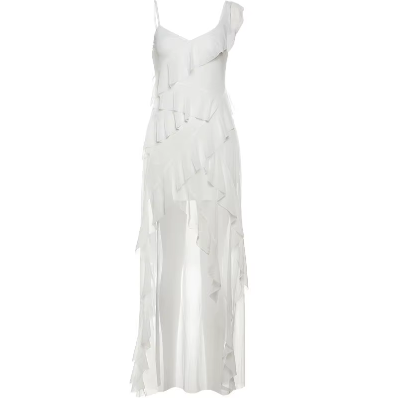 Robe à bretelles en mousseline de soie à volants pour filles, élégante et amincissante, jupe irrégul