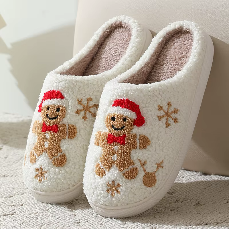 Pantoufles de noël en pain d'épice pour femmes et hommes, diapositives chaudes d'hiver, chaussures d