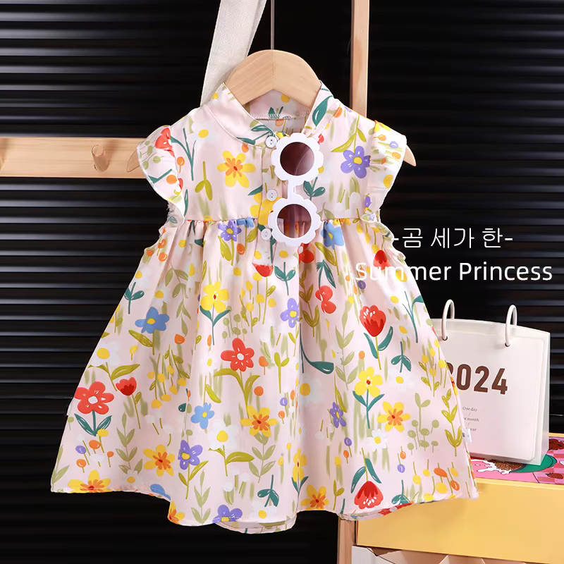 Robe d'été 2026 pour filles à motif floral, jupe trapèze, robe de princesse élégante et mignonne, ro
