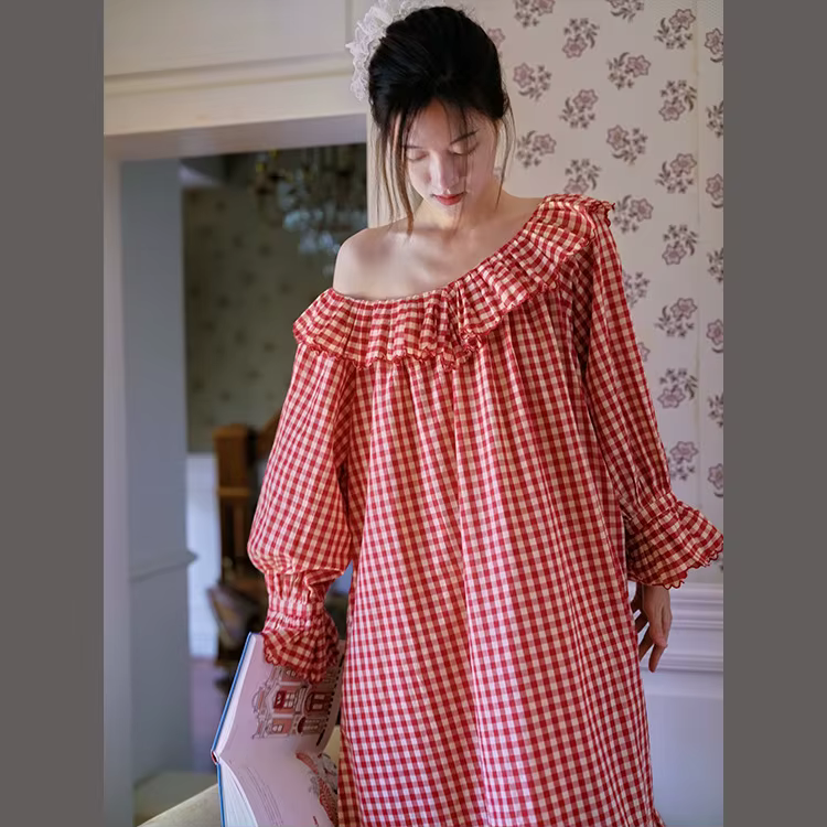 Chemise de nuit ample en coton 100% à carreaux rouges rétro anglais, tenue de maison, chemise de nui