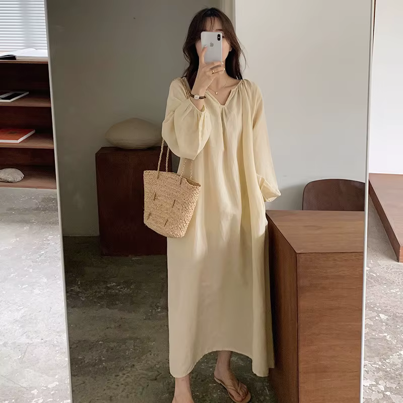Robe pyjama vintage 100% coton pour femmes, col en V, manches longues, style coréen, confortable, te