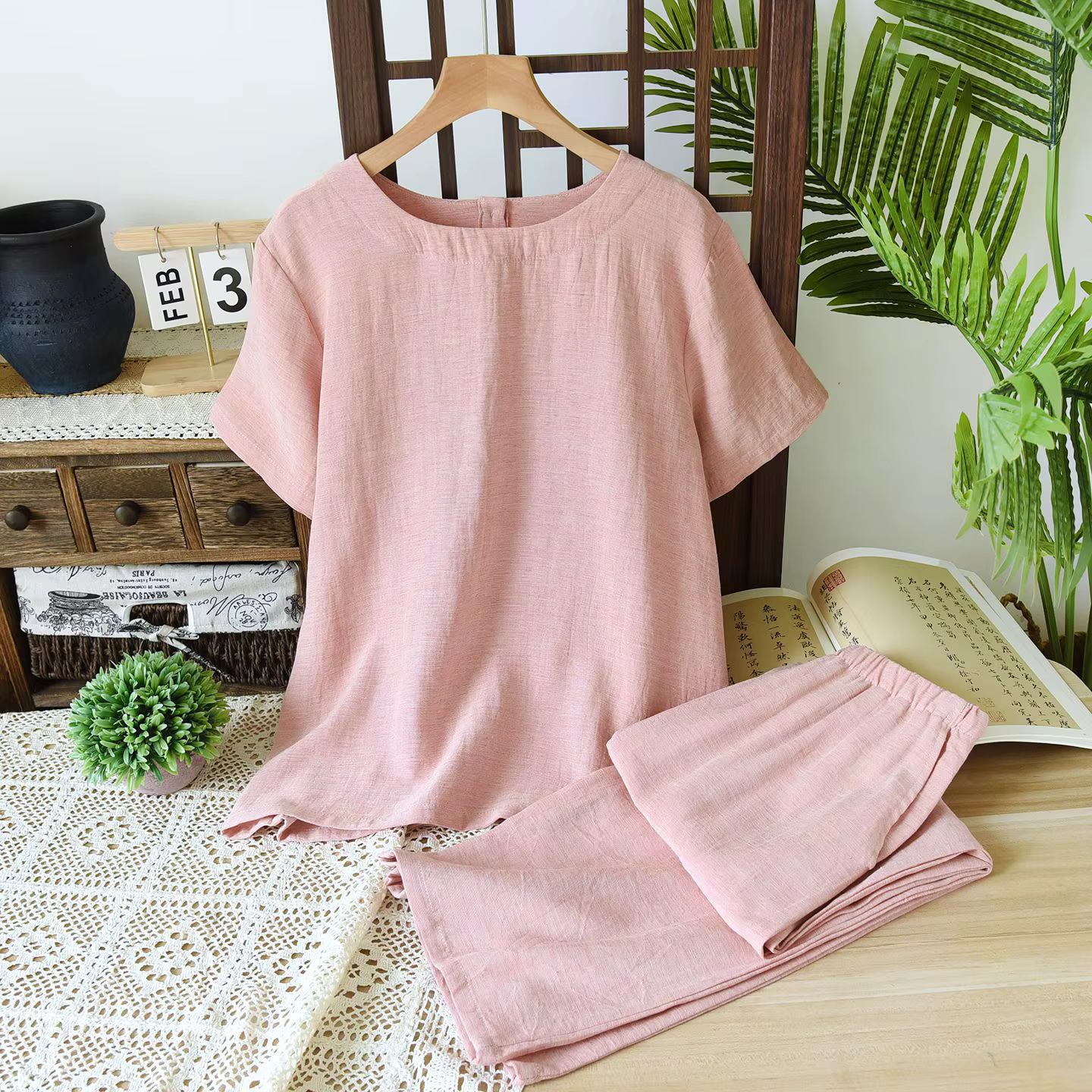 Ensemble pyjama minimaliste japonais en mélange de coton et de lin, vêtements de détente texturés re