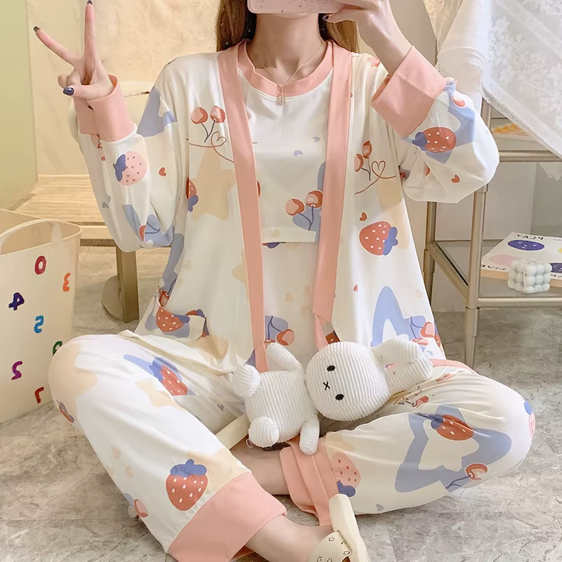 Ensemble de pyjama pour femme enceinte en trois pièces, hauts d'allaitement à manches courtes + card