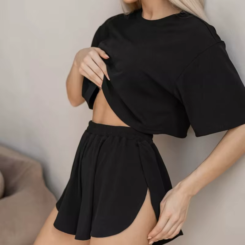 Ensemble de pyjama à manches courtes et col rond pour femme, t-shirt fendu, short élastique, vêtemen
