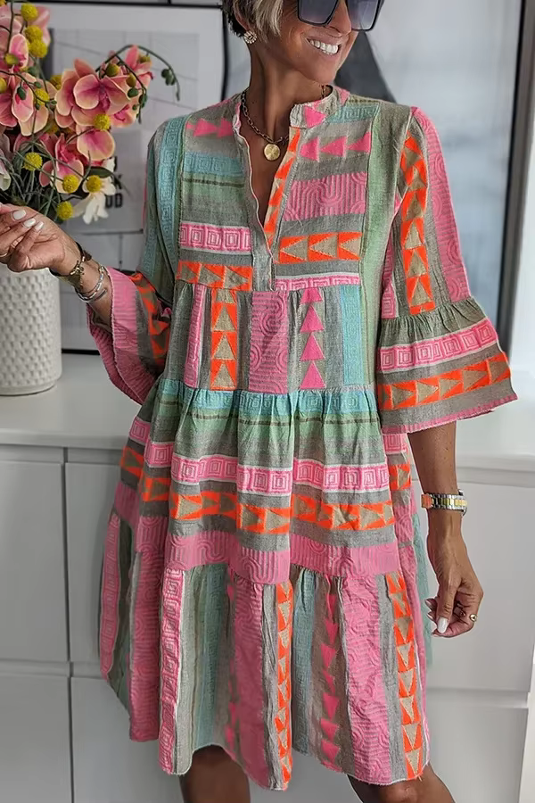 Robes pour femmes, col en V, manches trois quarts, robe pull-over, imprimé floral, vestidos, longueu