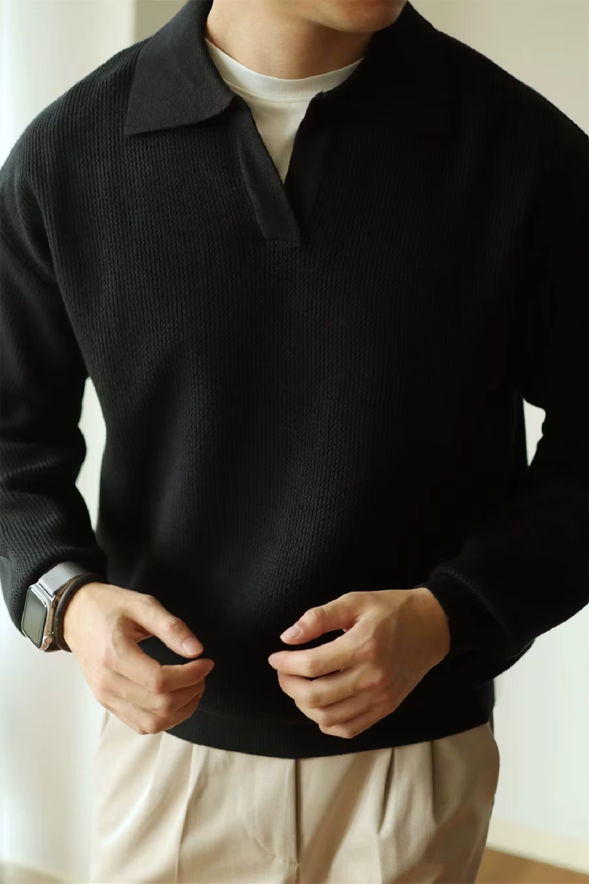 Mode couleur unie hommes Polo Kint chemise automne à manches longues col en v pull décontracté pull 
