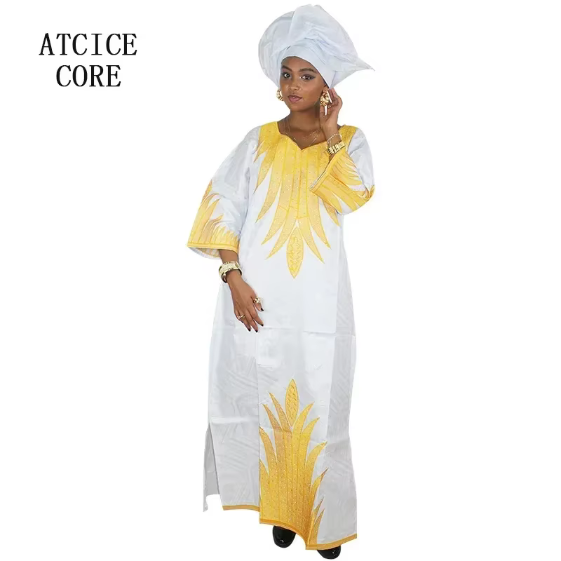 Robe africaine longue en tissu bazin riche pour femme, tenue brodée avec cravate de sauna