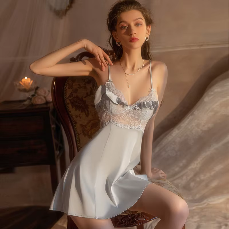 Ice InjThin-Chemise de nuit vintage pour femmes avec coussin de poitrine, sous-vêtements en dentelle