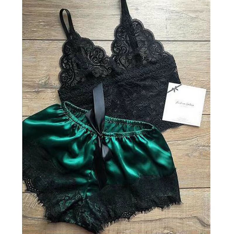 2 pièces femmes déshabillé en dentelle Lingerie hauts ensemble short et haut nuisette pyjamas décont